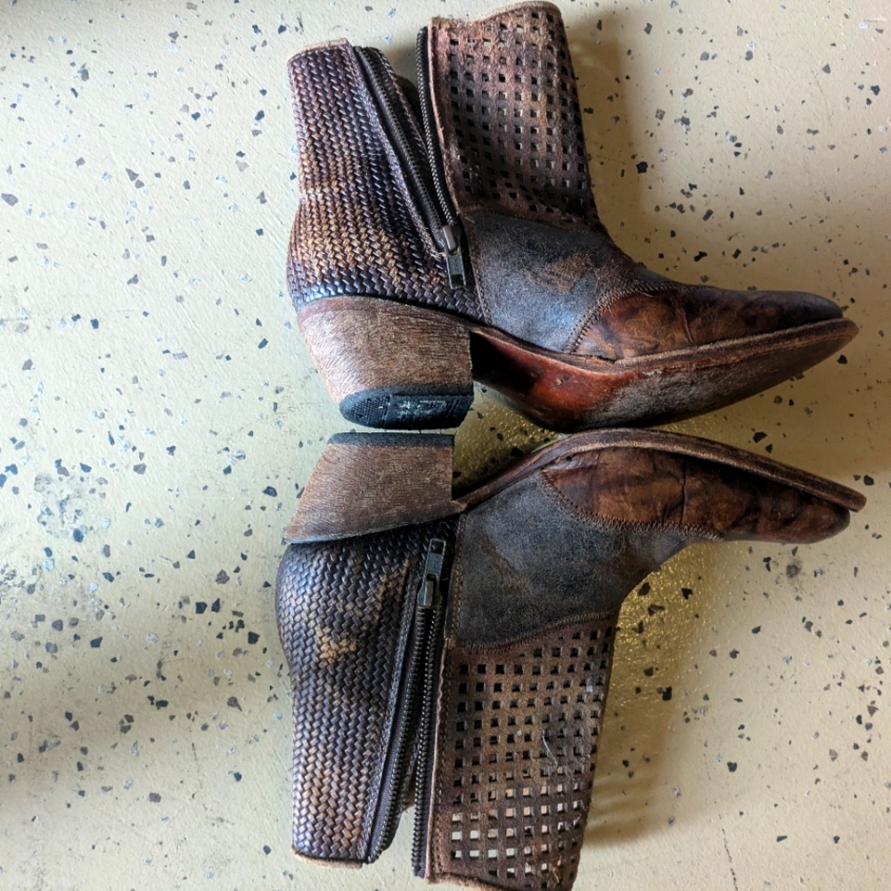 Corral Brown Distressed Leather Ankle Boots with Woven Detail